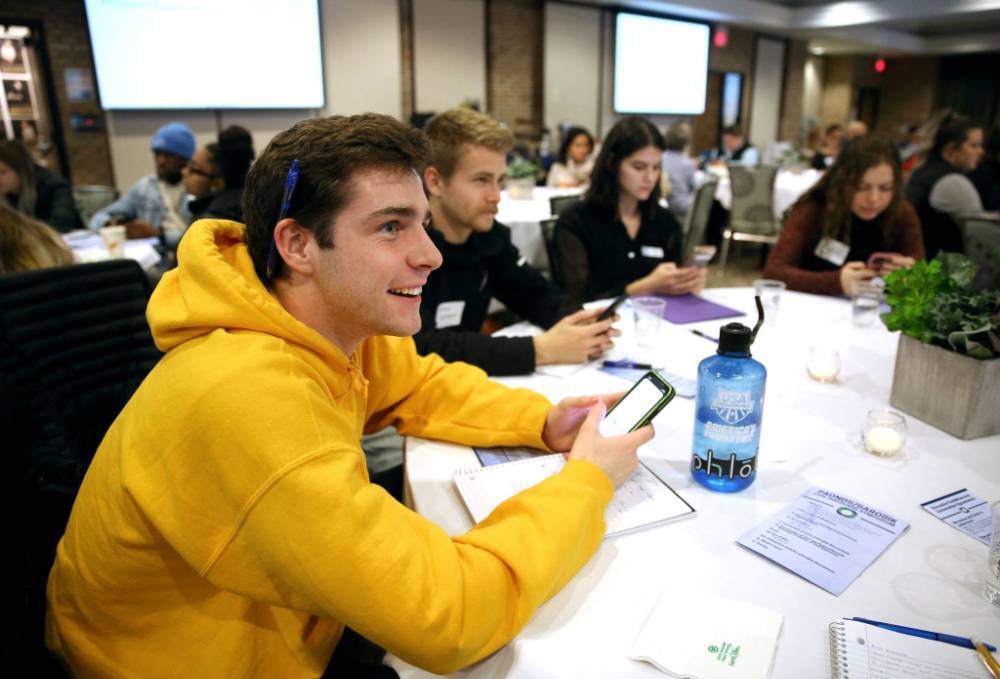 A student texts in a personality characteristic during an interactive activity